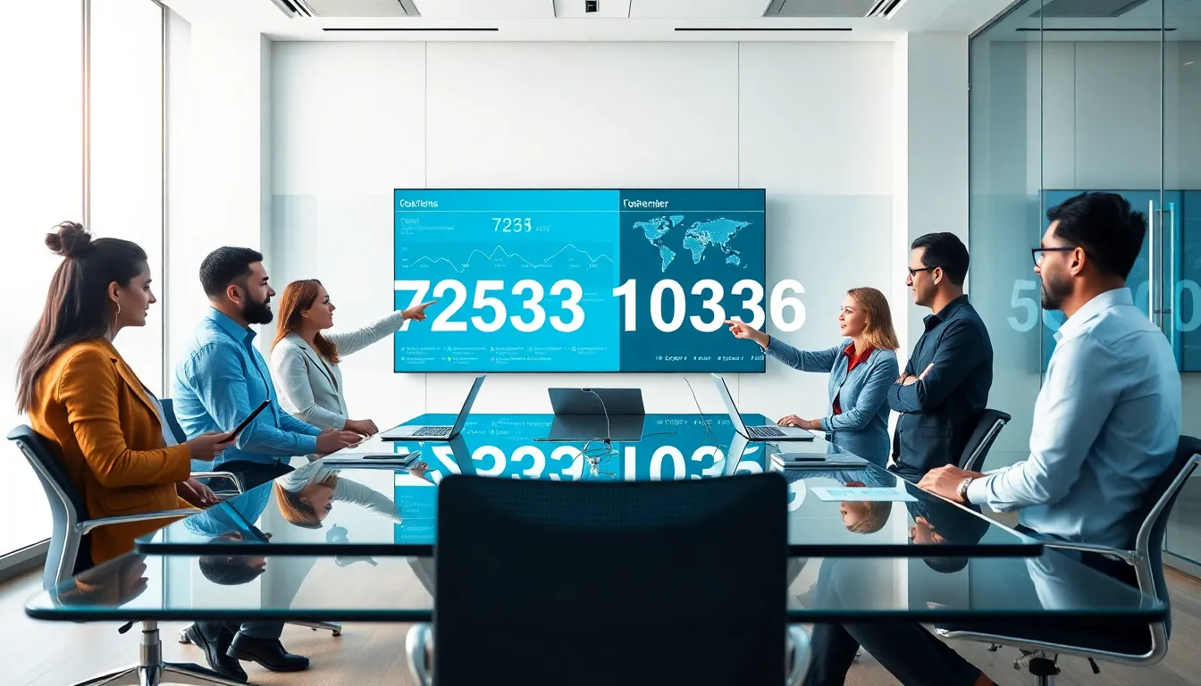 diverse team discussing data in a modern office setting.